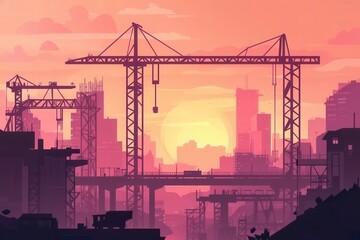 Fototapeta premium Sunset Construction Scene with Cranes and Urban Silhouettes