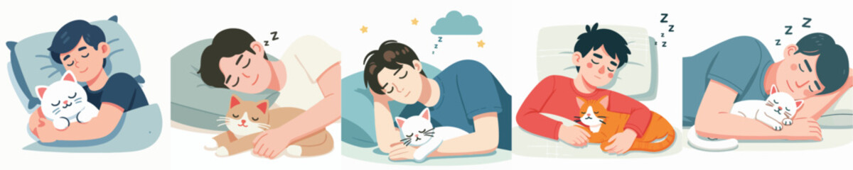 vector of a young man sleeping with a cat