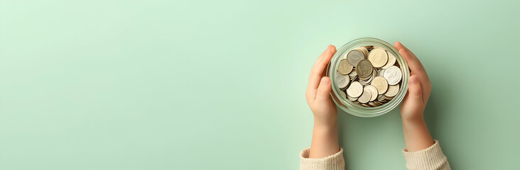 Hands Holding Glass Bowl Filled With Assorted Coins On Mint Green Backgrounds of coins in hands with bowl and background of a mint green color. Money and savings in hands with