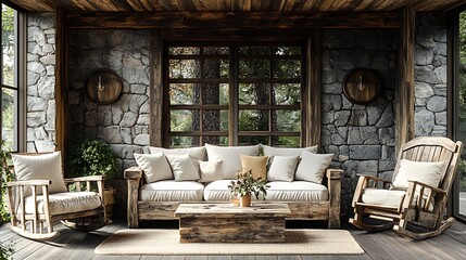 Charming wooden sofa with plush cushions in rustic style high resolution picture