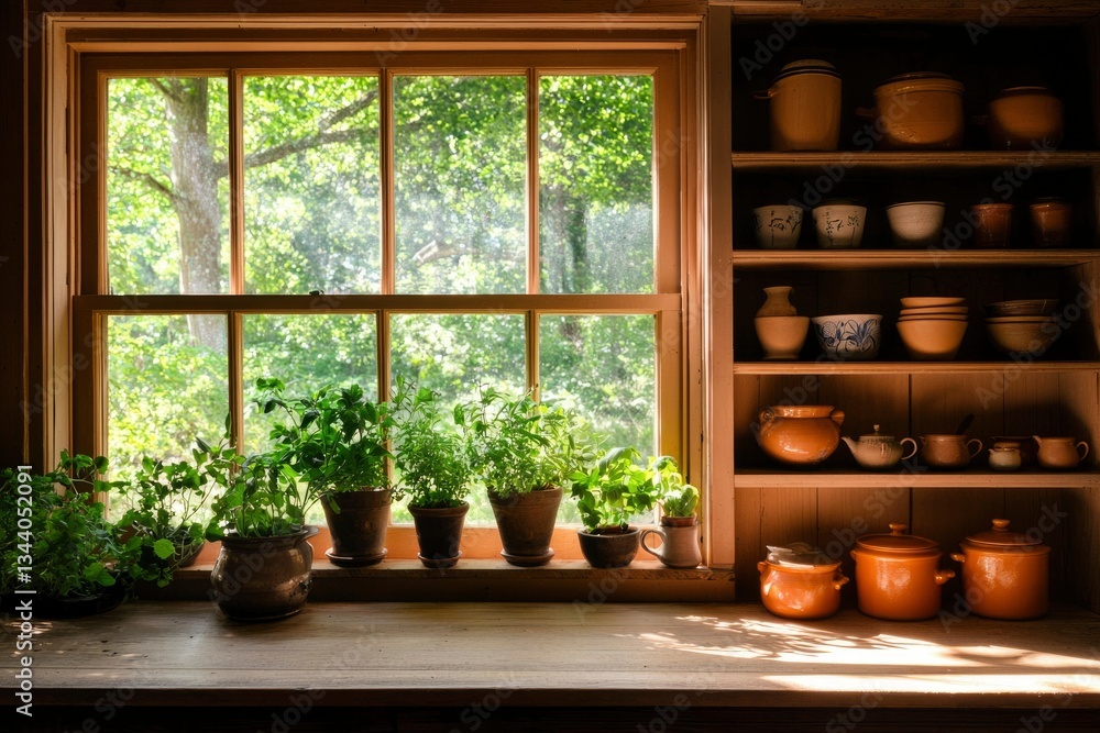 Poster herbs grow on window sill with shelf and forest view in background for food blogs