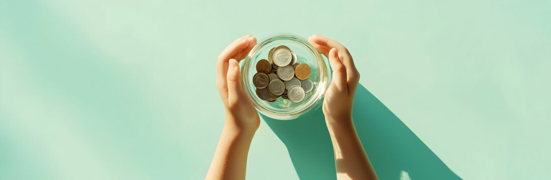 Hands Holding A Glass Bowl Filled With Coins Against A Soft Mint Green Background_Visual_Photography_