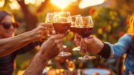 Toast to sunset celebrations with red wine glasses and friends gathering