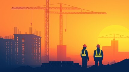 Construction workers silhouette against orange sunset with cranes and building site in the background