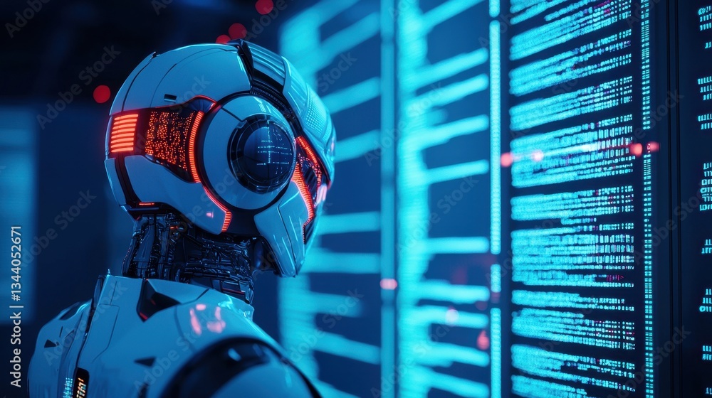 Poster futuristic robot with blue lights analyzing data on screens in high-tech environment