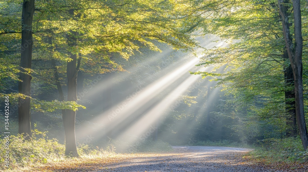 Aufkleber a serene forest scene with sunlight streaming through trees, creating a peaceful atmosphere on a mis