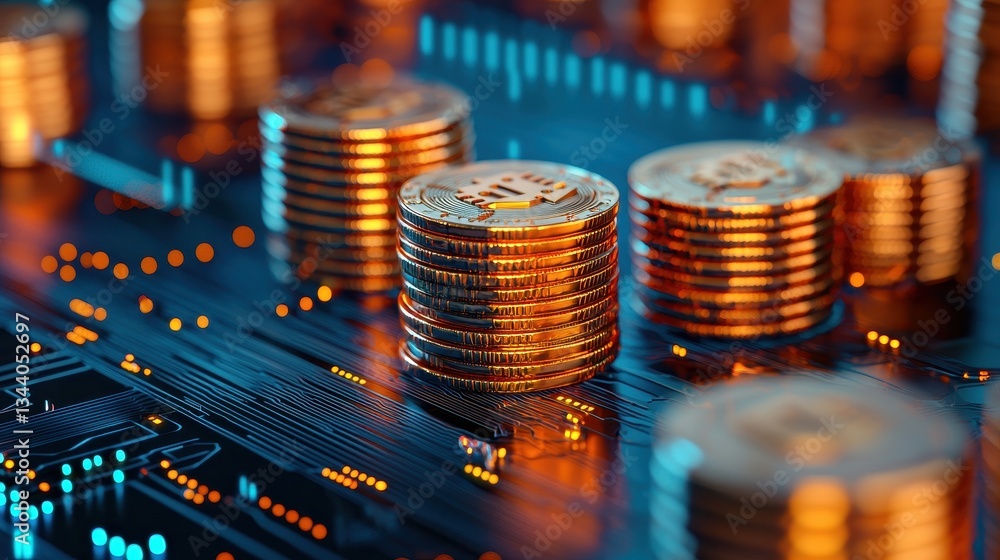 Poster Glimmering Bitcoin Coins on a Futuristic Circuit Board with Soft Glow and High-Tech Background