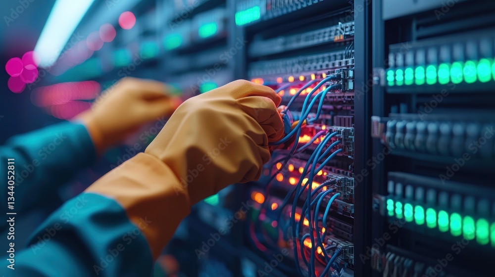 Aufkleber hands in protective gloves connecting wires in a modern data center server rack with colorful led li