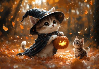 corgi in witch hat with tabby cat in autumn park with pumpkin lantern and colorful leaves
