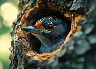 woodpecker chick peeking out of tree hollow waiting for parents in spring nature