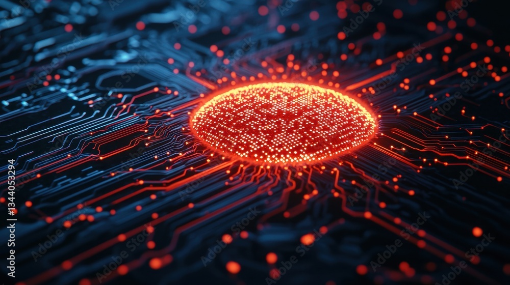 Poster glowing red sphere surrounded by circuit patterns in a digital network background