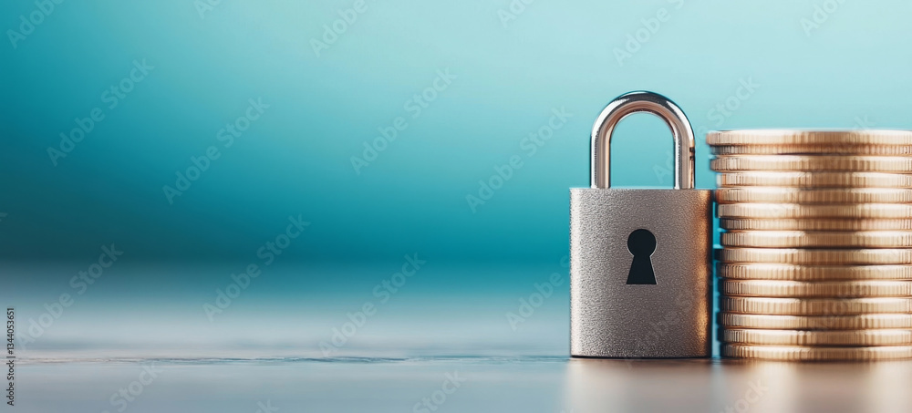Poster a padlock sits beside a stack of golden coins, symbolizing security and privacy in banking. this set