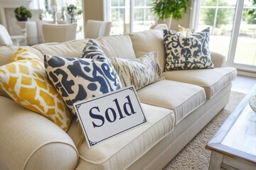 Cozy Living Room with Sold Sign and Decorative Throw Pillows