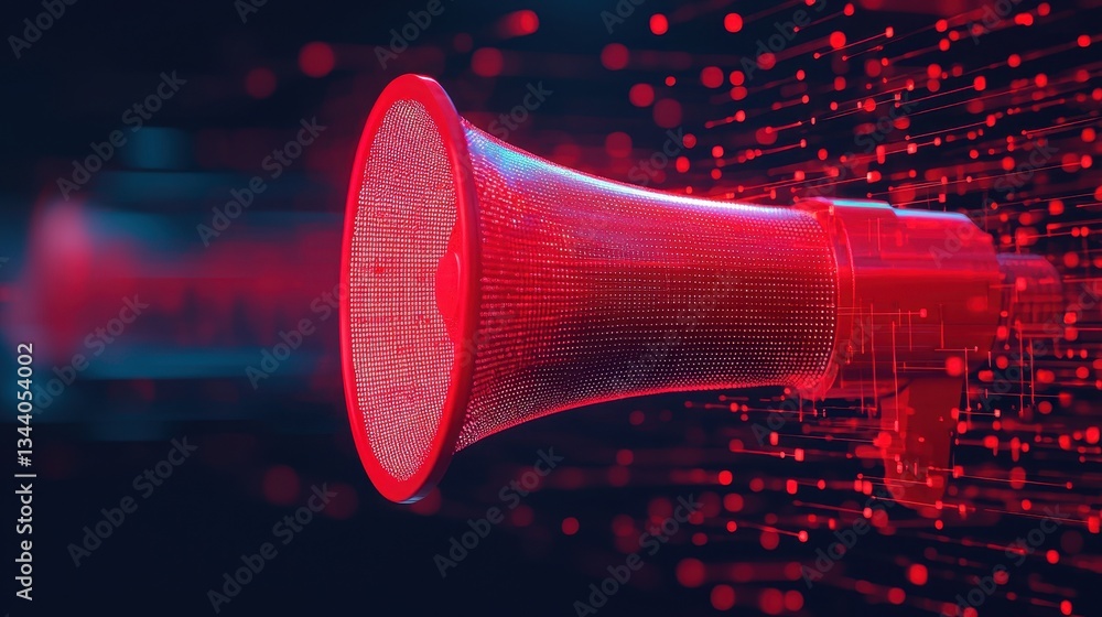 Poster vibrant red digital megaphone with data stream background in a futuristic concept for communication 