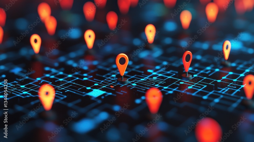 Poster bright red location markers on dark digital map representing navigation and location tracking techno
