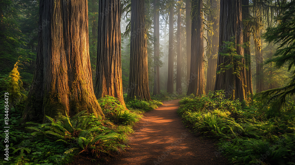 Poster A serene forest path lined with towering trees, illuminated by soft light filtering through the leaves, creating a tranquil and inviting atmosphere