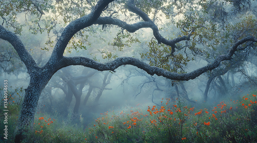 Poster a misty forest scene featuring gnarled trees and vibrant wildflowers, creating a serene and enchanti