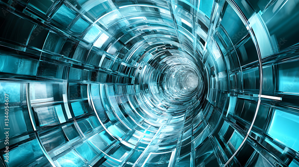 Poster a futuristic tunnel design featuring shimmering blue and silver tones, creating a sense of depth and