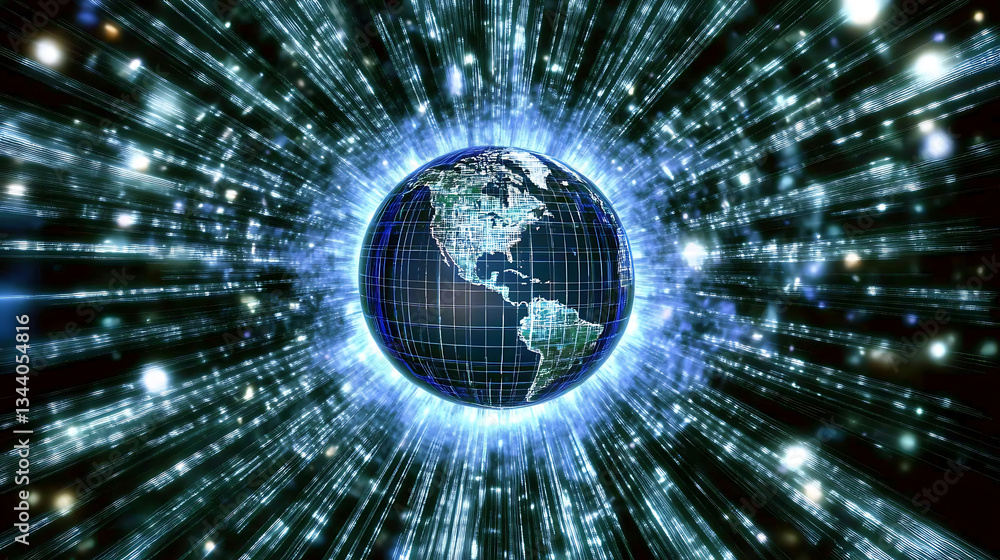 Poster a digitally rendered globe surrounded by radiant beams of light, symbolizing technology and intercon