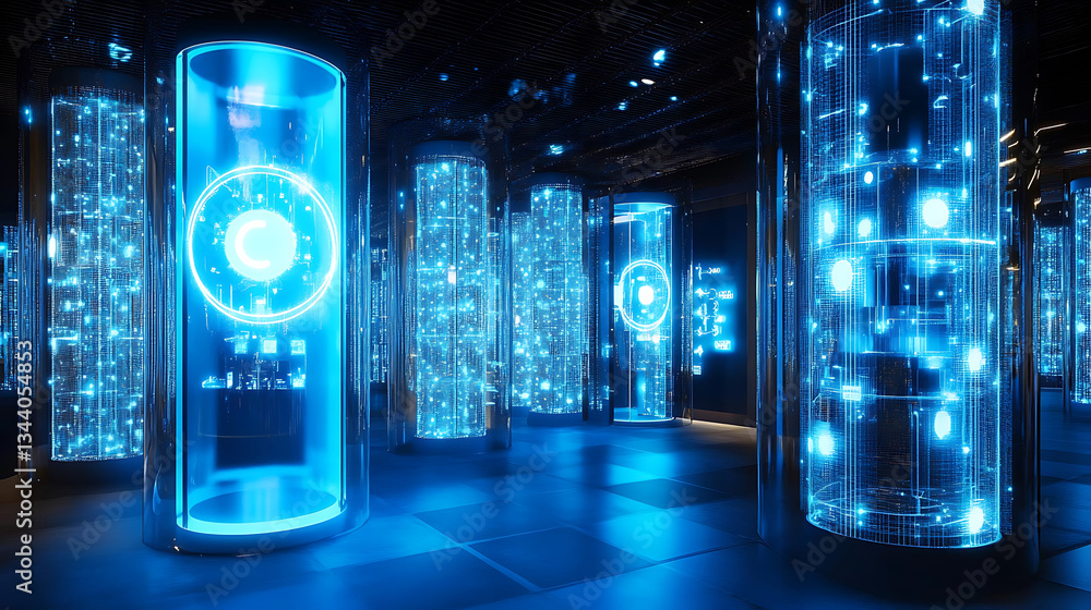 Poster a futuristic space filled with glowing blue cylindrical structures, showcasing advanced technology a