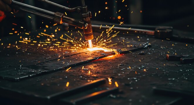 Industrial Metal Cutting with Plasma Torch, High-Precision Manufacturing Sparks and Heat in Workshop Environment