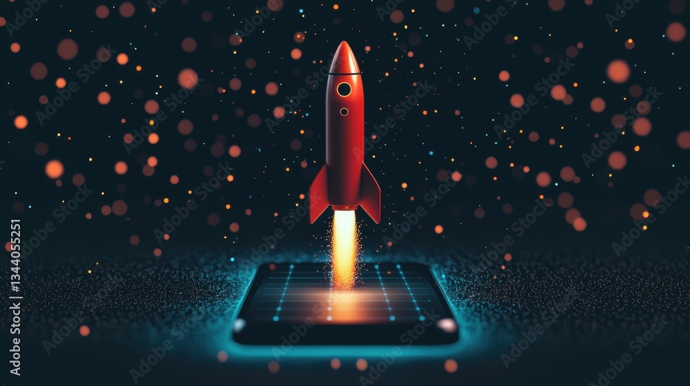Poster vibrant rocket launching from a futuristic platform with dynamic particles and light effects