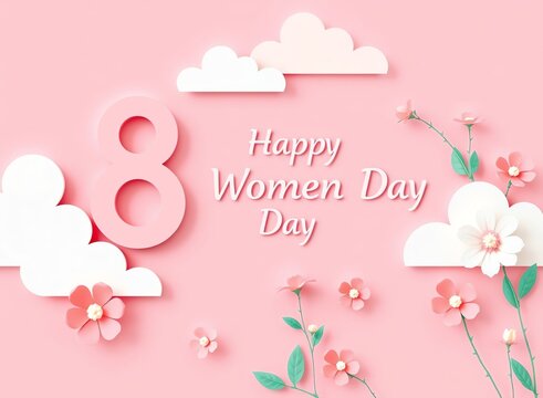 an image of a pink background with flowers and clouds, there is a pink background with flowers and clouds for women ' s day