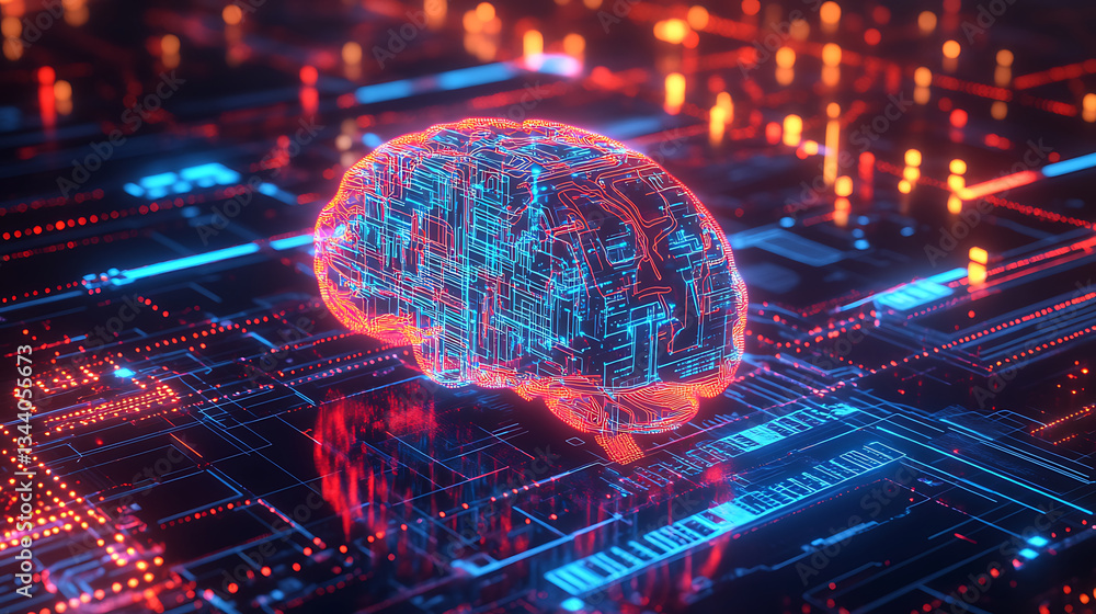 Poster A vibrant, digital brain illuminated amidst a network of circuitry, symbolizing the intersection of technology and neuroscience