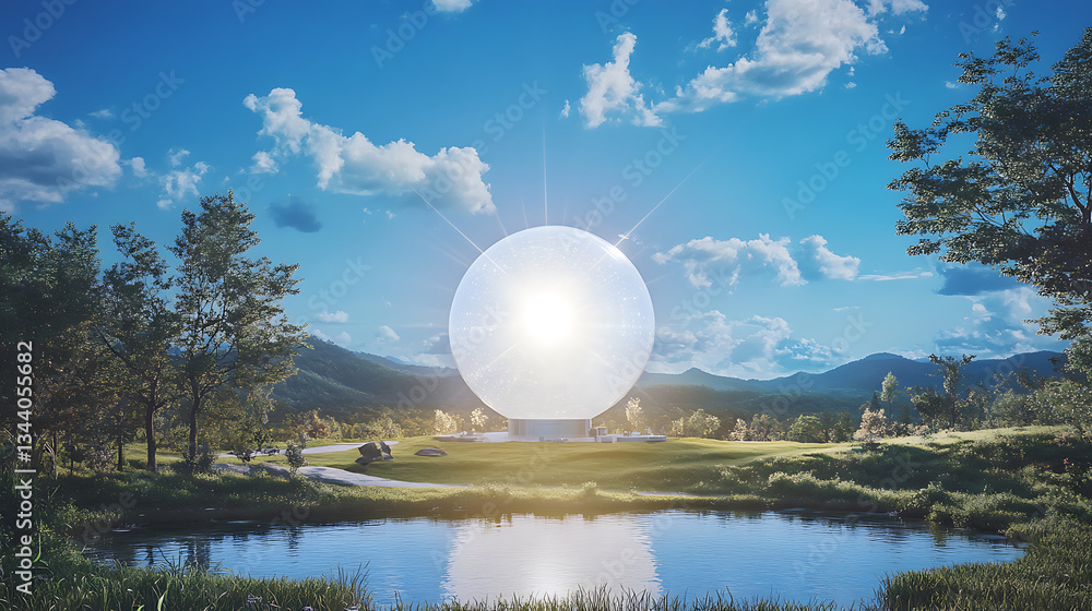 Poster a futuristic spherical structure emits light against a blue sky, surrounded by lush greenery and a t