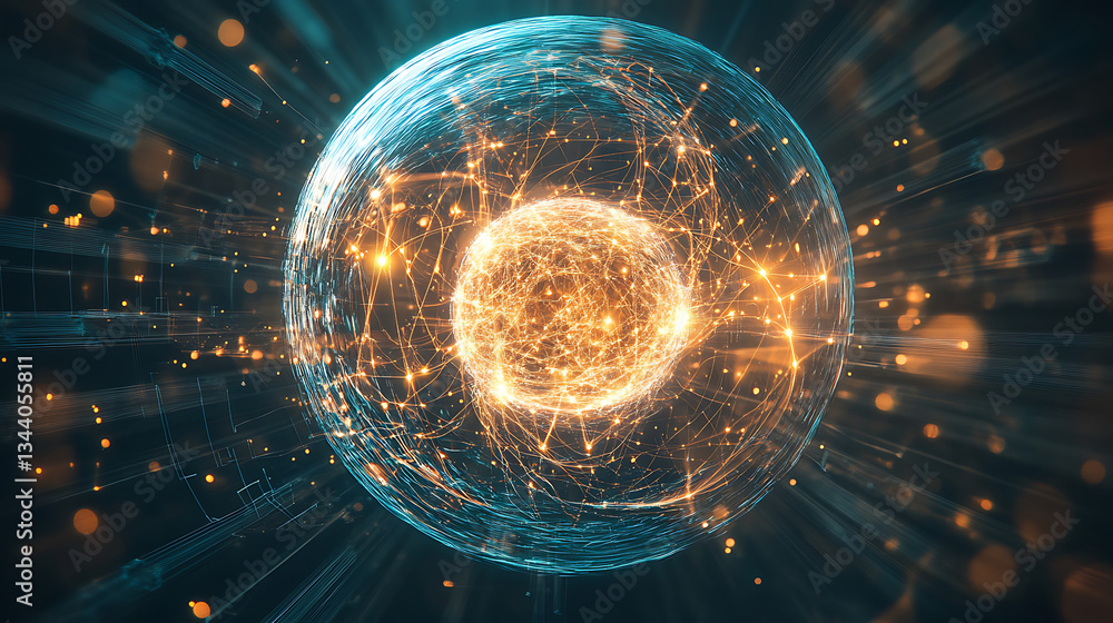 Poster An abstract representation of a glowing sphere surrounded by dynamic lines and particles, suggesting energy and connectivity in a digital universe