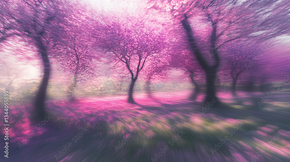 Poster a vibrant scene of blurred pink cherry blossom trees, creating a dreamy atmosphere filled with color