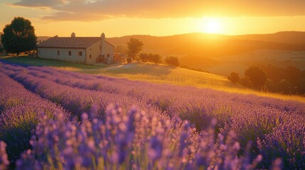 Sunset over lavender field with farmhouse.