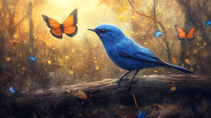 A vibrant blue bird perches on a log, surrounded by colorful butterflies in a serene, forested setting