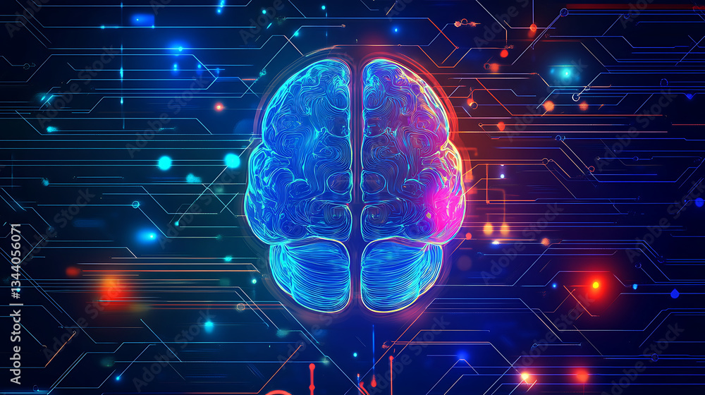 Poster a vibrant digital illustration of a brain, surrounded by colorful circuitry, symbolizing the connect