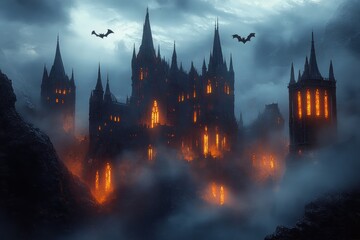 Fototapeta premium Haunted Gothic Castle with Spires and Glowing Windows Under Stormy Sky