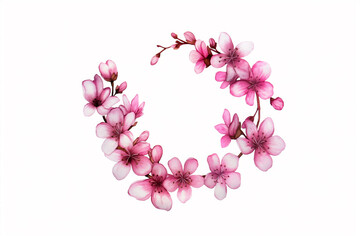 Beautiful watercolor pink cherry blossoms arranged in circular design on white background for decorative purposes