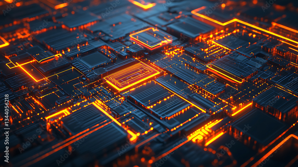 Aufkleber A close-up view of a futuristic circuit board with glowing orange lines, showcasing intricate patterns and technology elements