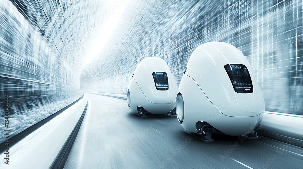 Poster two futuristic vehicles speed through a high-tech tunnel, showcasing advanced transportation technol