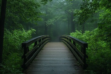 A wooden bridge leads through a foggy and verdant forest environment