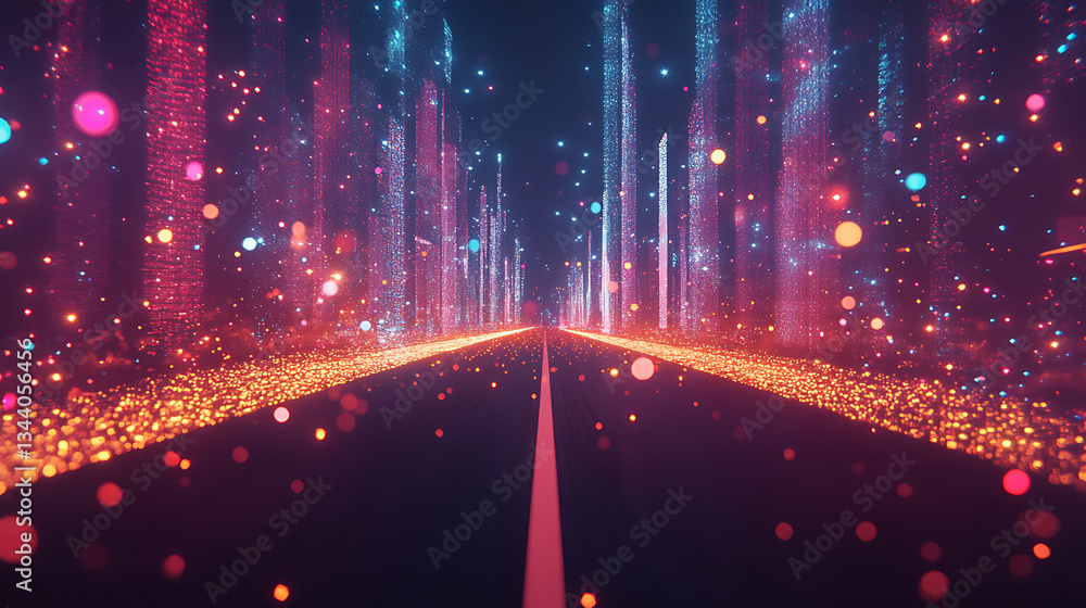 Poster a vibrant digital landscape featuring colorful lights and particles, creating an immersive, futurist