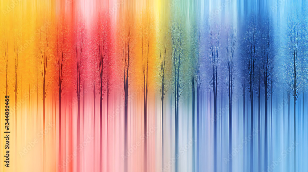 Poster A vibrant abstract depiction of colorful vertical stripes with silhouettes of trees, creating a harmonious blend of color and nature