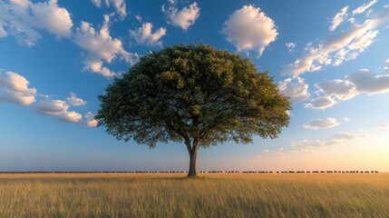 Fototapeta premium Lone tree in golden field under a vibrant sky.