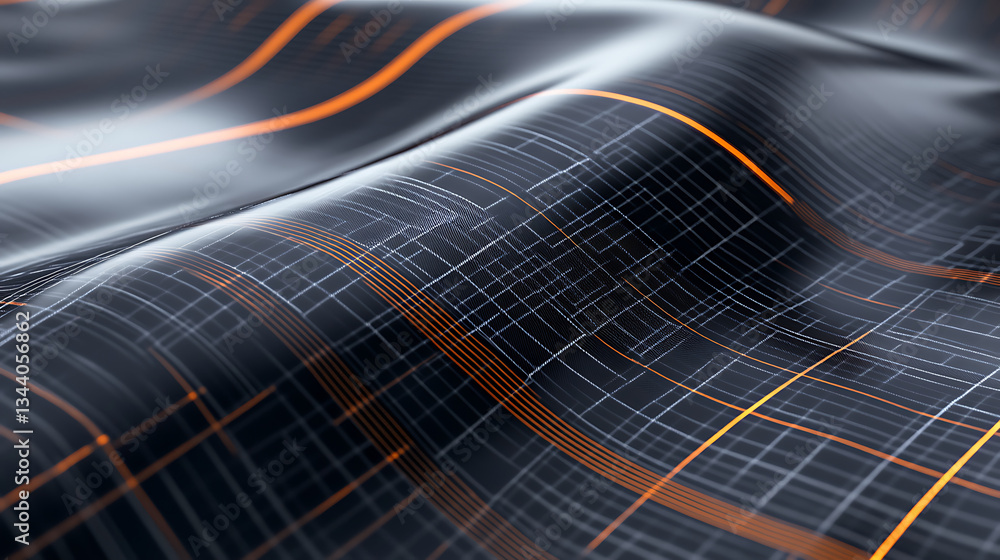 Poster A close-up of a textured surface featuring dark waves with intricate grid patterns and vibrant orange lines, evoking a modern, digital aesthetic