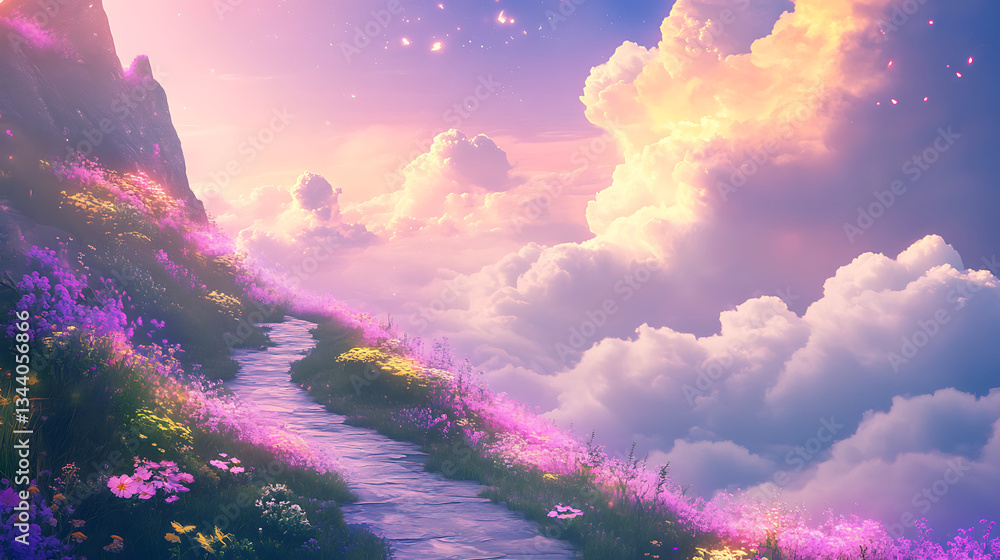 Poster a vibrant pathway adorned with flowers leads through fluffy clouds under a dreamy sky, creating a se