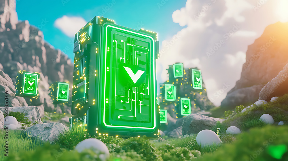 Poster a futuristic landscape featuring a glowing green structure surrounded by digital elements and rocky 