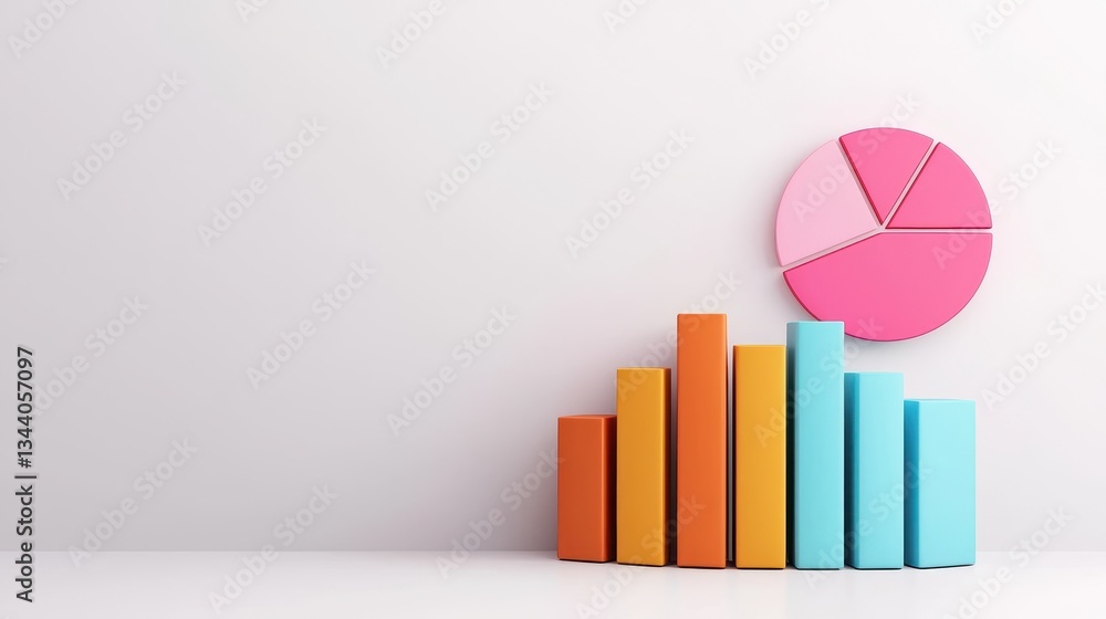 Poster colorful graph and pie chart setup for data presentation and business analysis on minimalistic backg