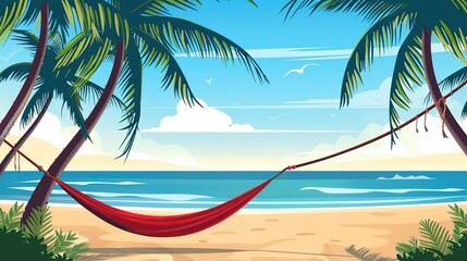 Obraz premium Serene tropical beach landscape with hammock, palms, and peaceful atmosphere