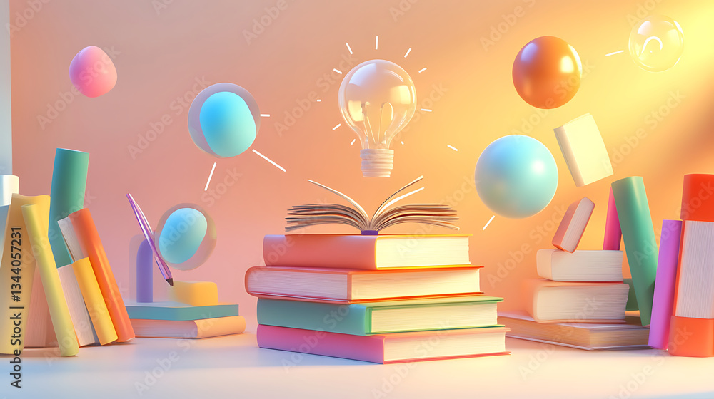 Aufkleber a colorful scene featuring floating books and spheres, with a glowing light bulb above an open book,