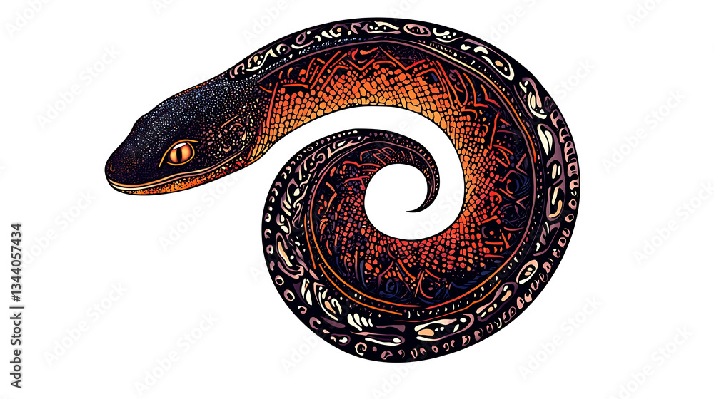 Poster a colorful, stylized illustration of a serpent-like creature coiled in a spiral, featuring intricate
