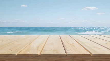 Obraz premium Coastal Wooden Deck Overlooking Tranquil Ocean Waves Under a Bright Clear Sky